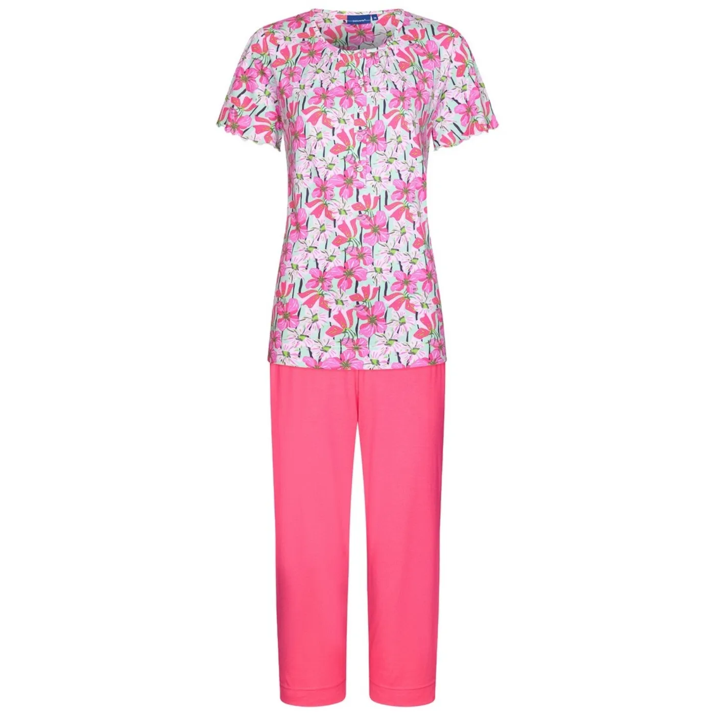 Pastunette Floral Capri Leg Pyjamas | Green & Pink