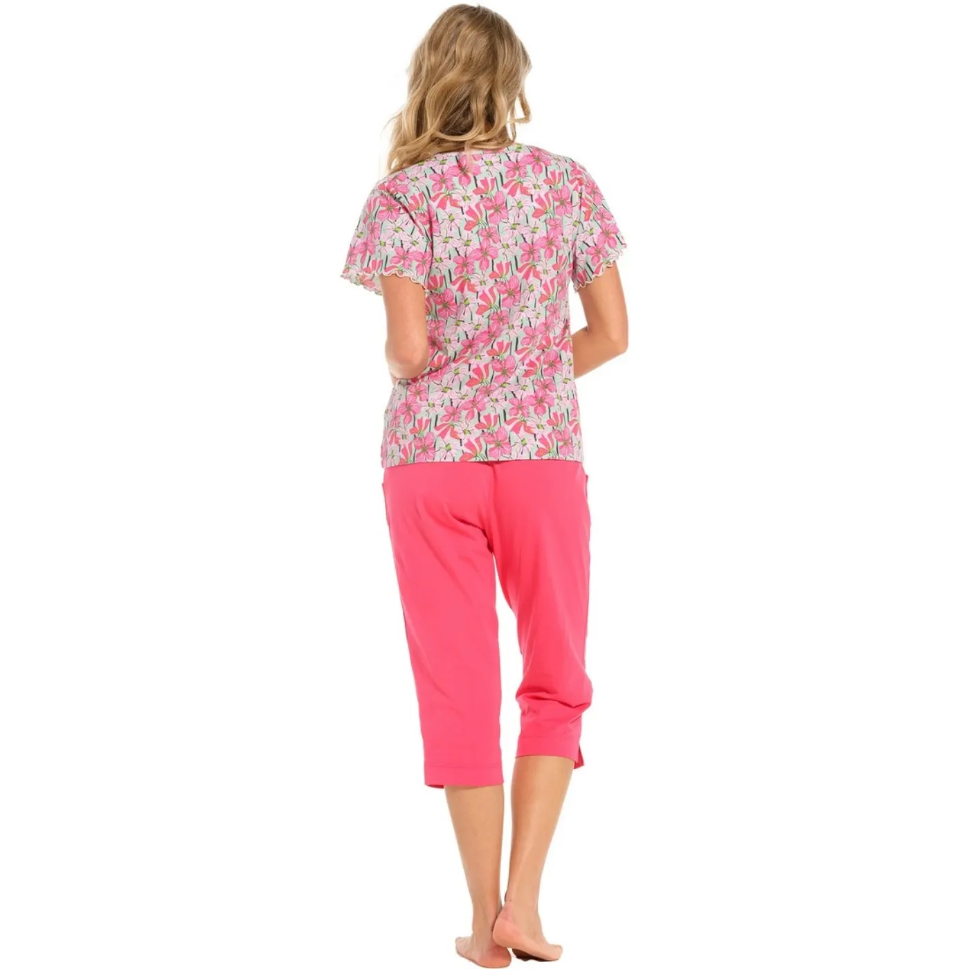 Pastunette Floral Capri Leg Pyjamas | Green & Pink