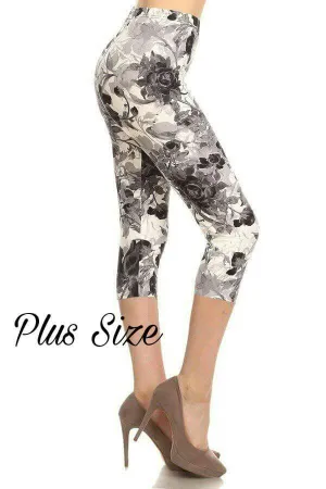 Plus black, white and grey floral capri leggings