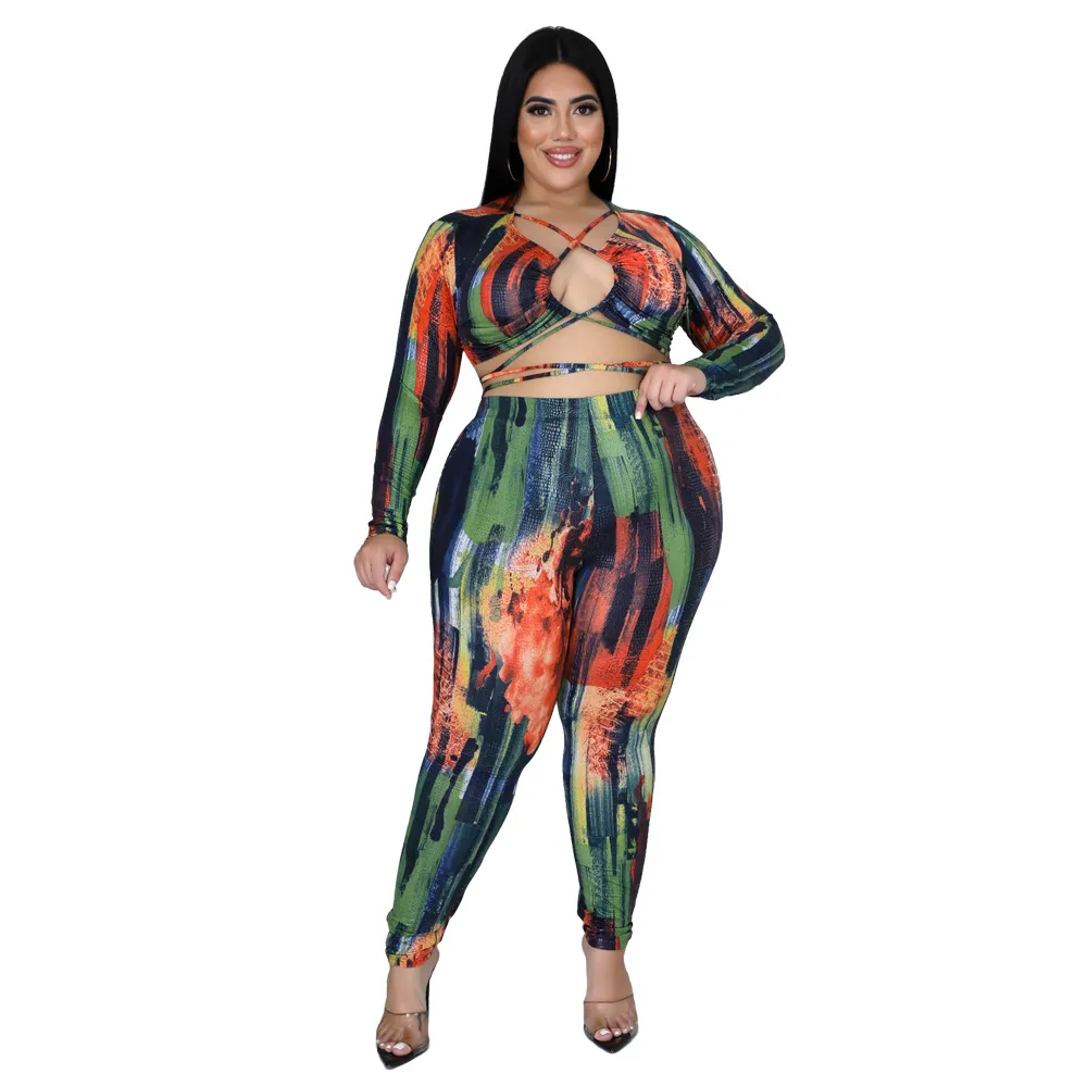 Plus Size Cut Out Long Sleeve Crop Top & Pencil Pants Set