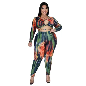 Plus Size Cut Out Long Sleeve Crop Top & Pencil Pants Set