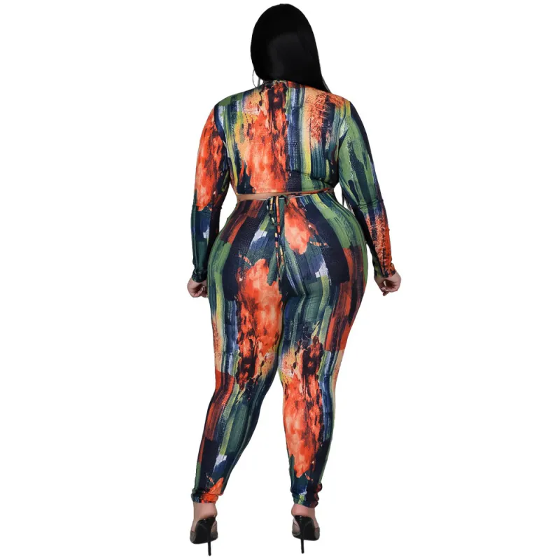 Plus Size Cut Out Long Sleeve Crop Top & Pencil Pants Set