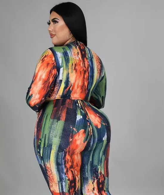 Plus Size Cut Out Long Sleeve Crop Top & Pencil Pants Set