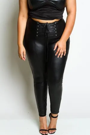 Plus Size Leather Effect Sexy Lace Up  Pants