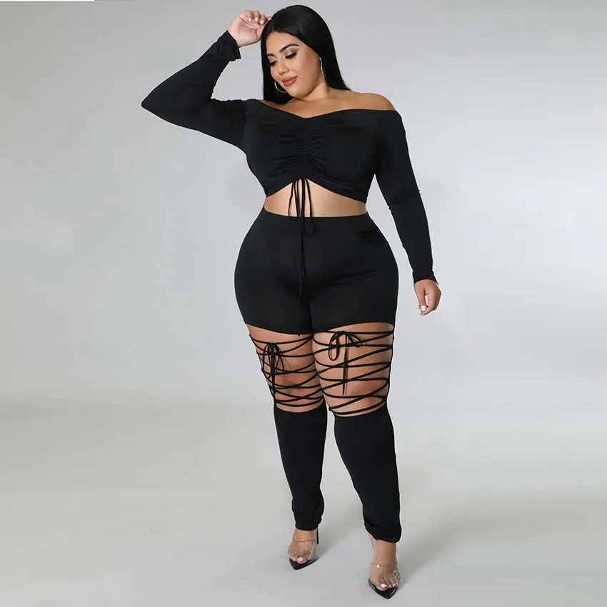 Plus Size Off Shoulder Crop Top & Lace Up Pants Set