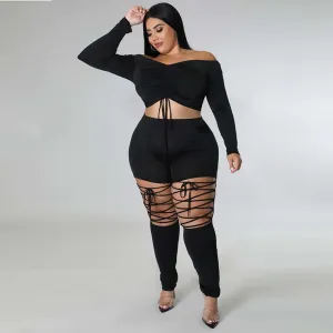 Plus Size Off Shoulder Crop Top & Lace Up Pants Set