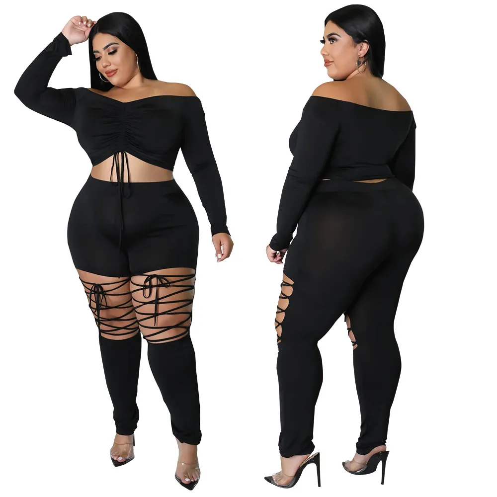 Plus Size Off Shoulder Crop Top & Lace Up Pants Set