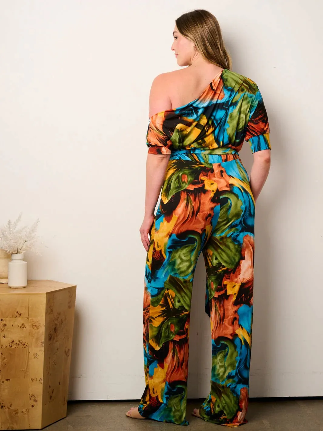 Plus Size Off Shoulder Short Sleeve Self Tie Multi Print Wide Leg Jumpsuit
