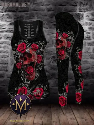 Plus Size Skull & Floral Print Two-piece Set, Crew Neck Racerback Tank Top & Slim Pants Outfits, Women's Plus Size Clothing