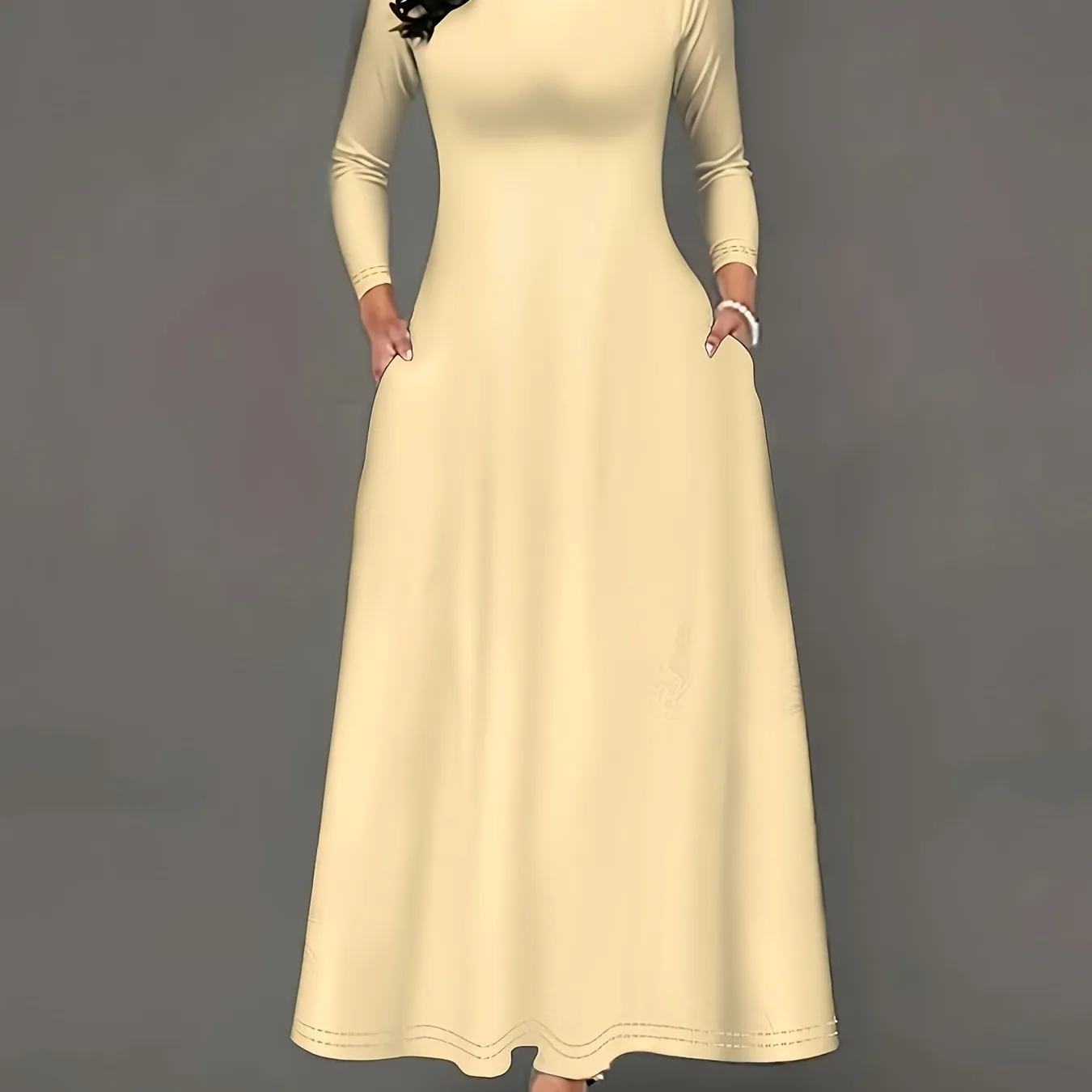 Plus Size Solid Color Dress, Casual Long Sleeve Crew Neck Maxi Dress, Women's Plus Size Clothing