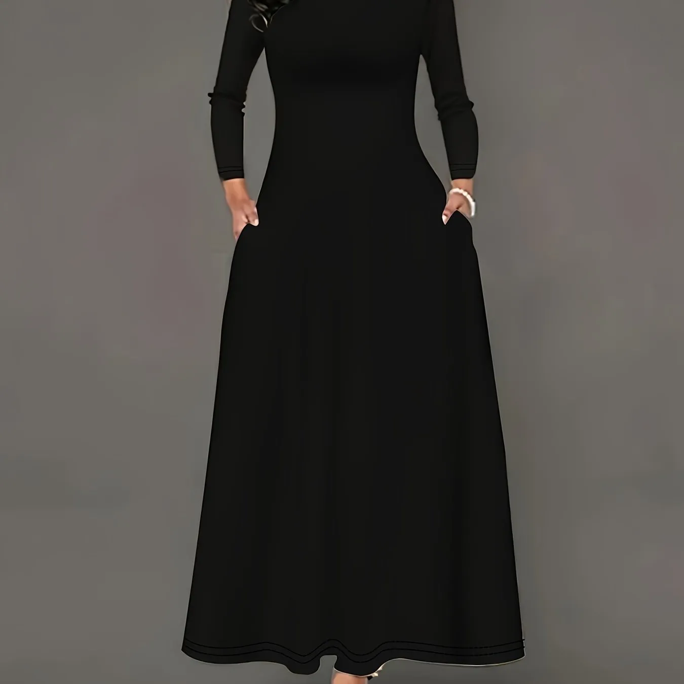 Plus Size Solid Color Dress, Casual Long Sleeve Crew Neck Maxi Dress, Women's Plus Size Clothing