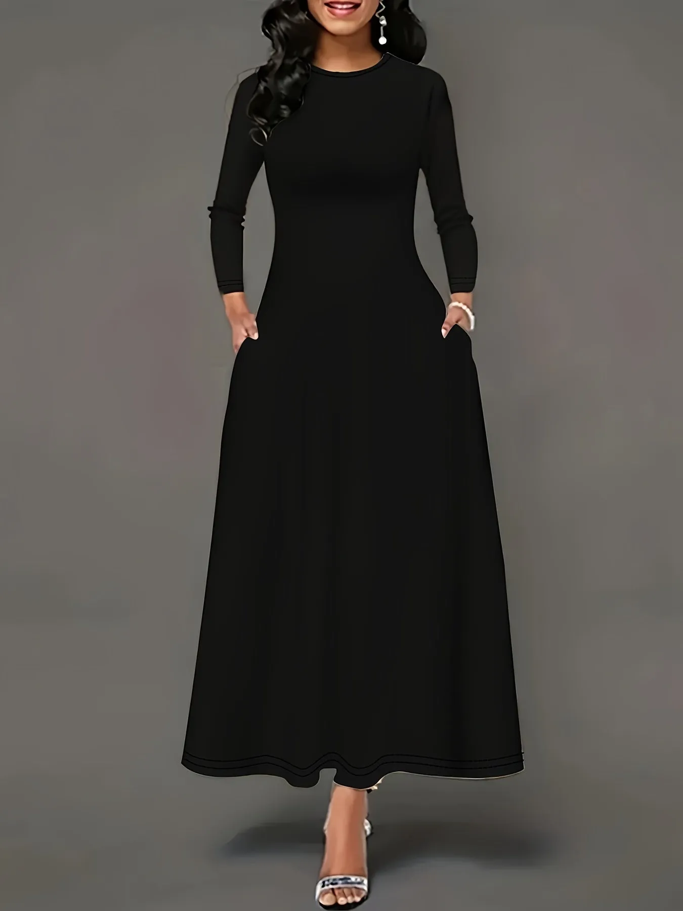 Plus Size Solid Color Dress, Casual Long Sleeve Crew Neck Maxi Dress, Women's Plus Size Clothing
