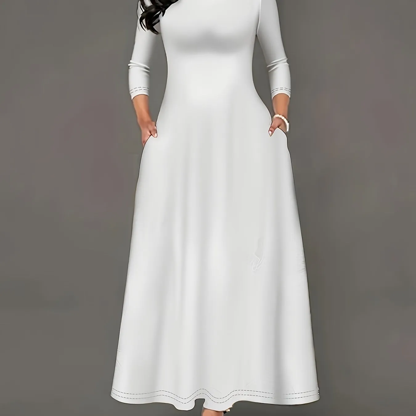 Plus Size Solid Color Dress, Casual Long Sleeve Crew Neck Maxi Dress, Women's Plus Size Clothing