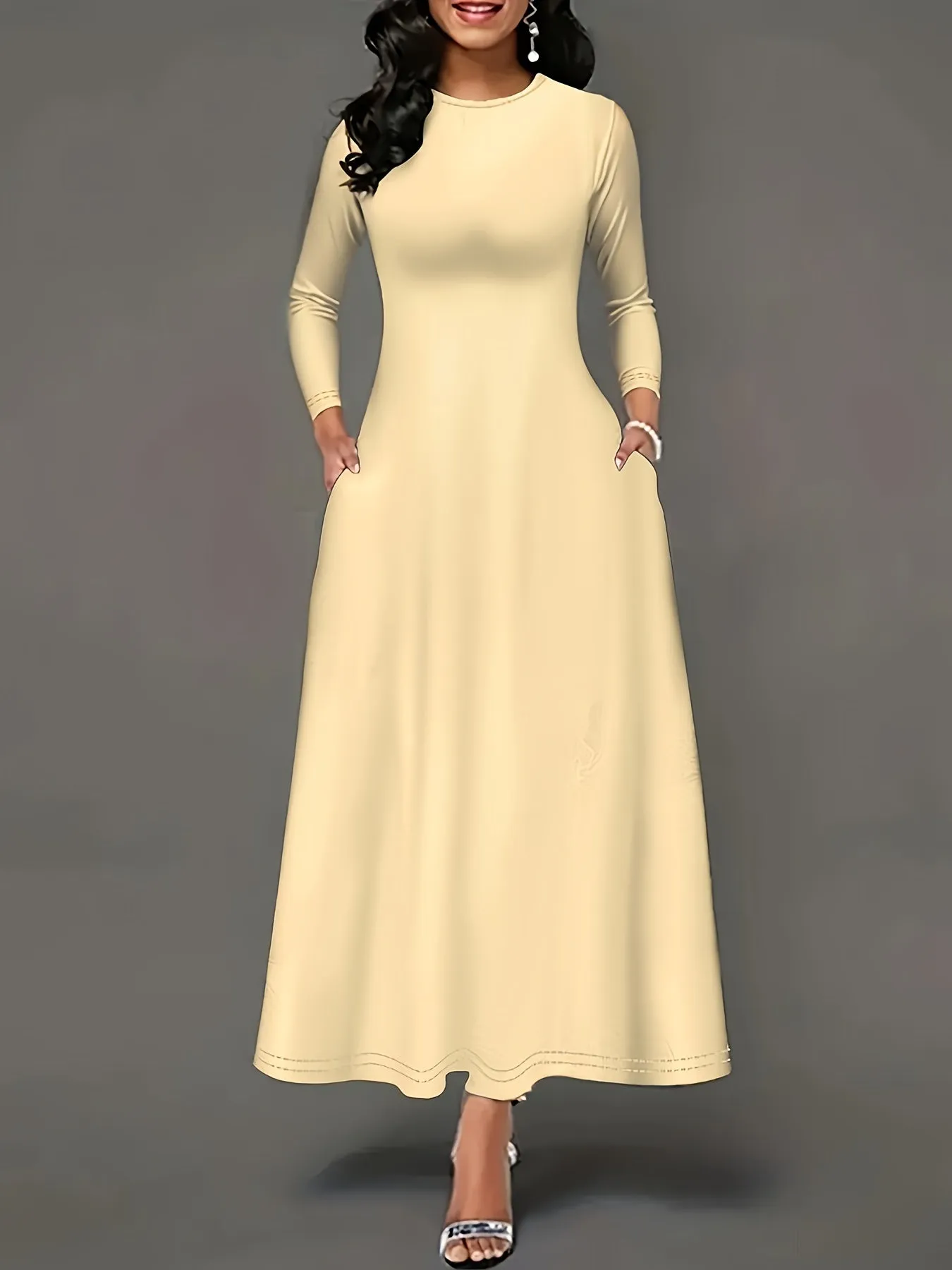Plus Size Solid Color Dress, Casual Long Sleeve Crew Neck Maxi Dress, Women's Plus Size Clothing