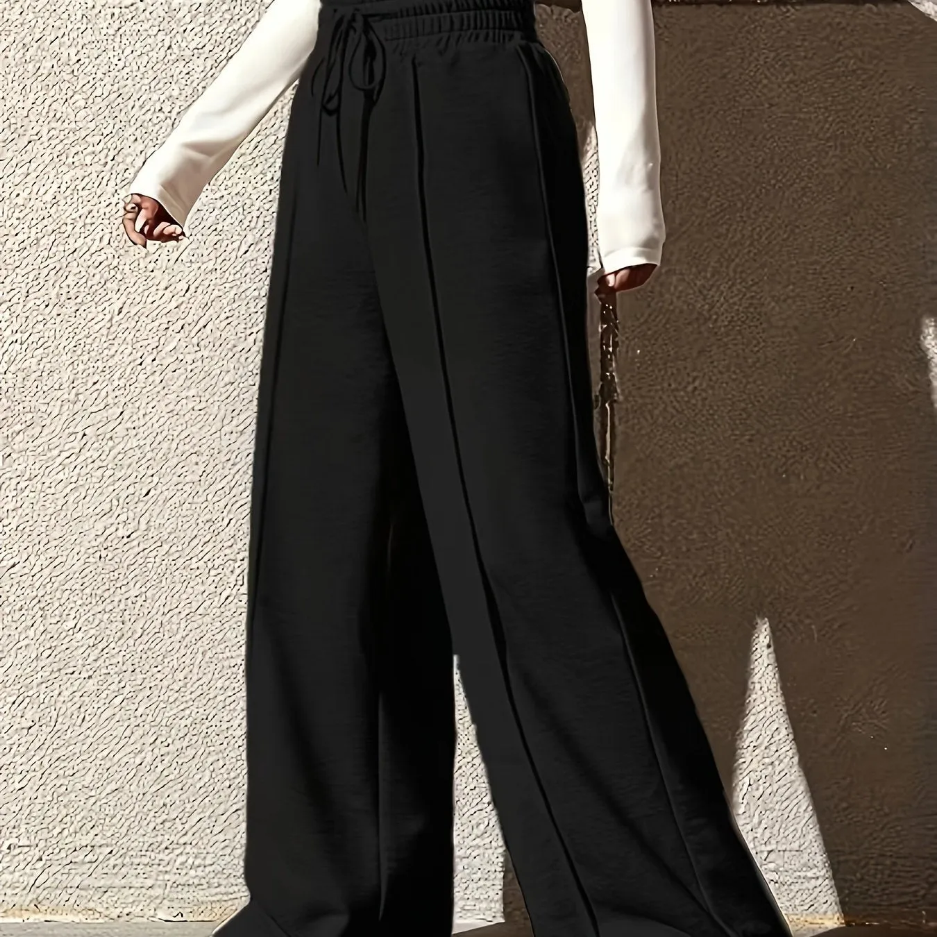 Plus Size Solid Pintuck Wide Leg Pants, Casual Drawstring Elastic Waist Pants, Women's Plus Size Clothing