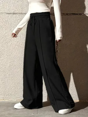 Plus Size Solid Pintuck Wide Leg Pants, Casual Drawstring Elastic Waist Pants, Women's Plus Size Clothing