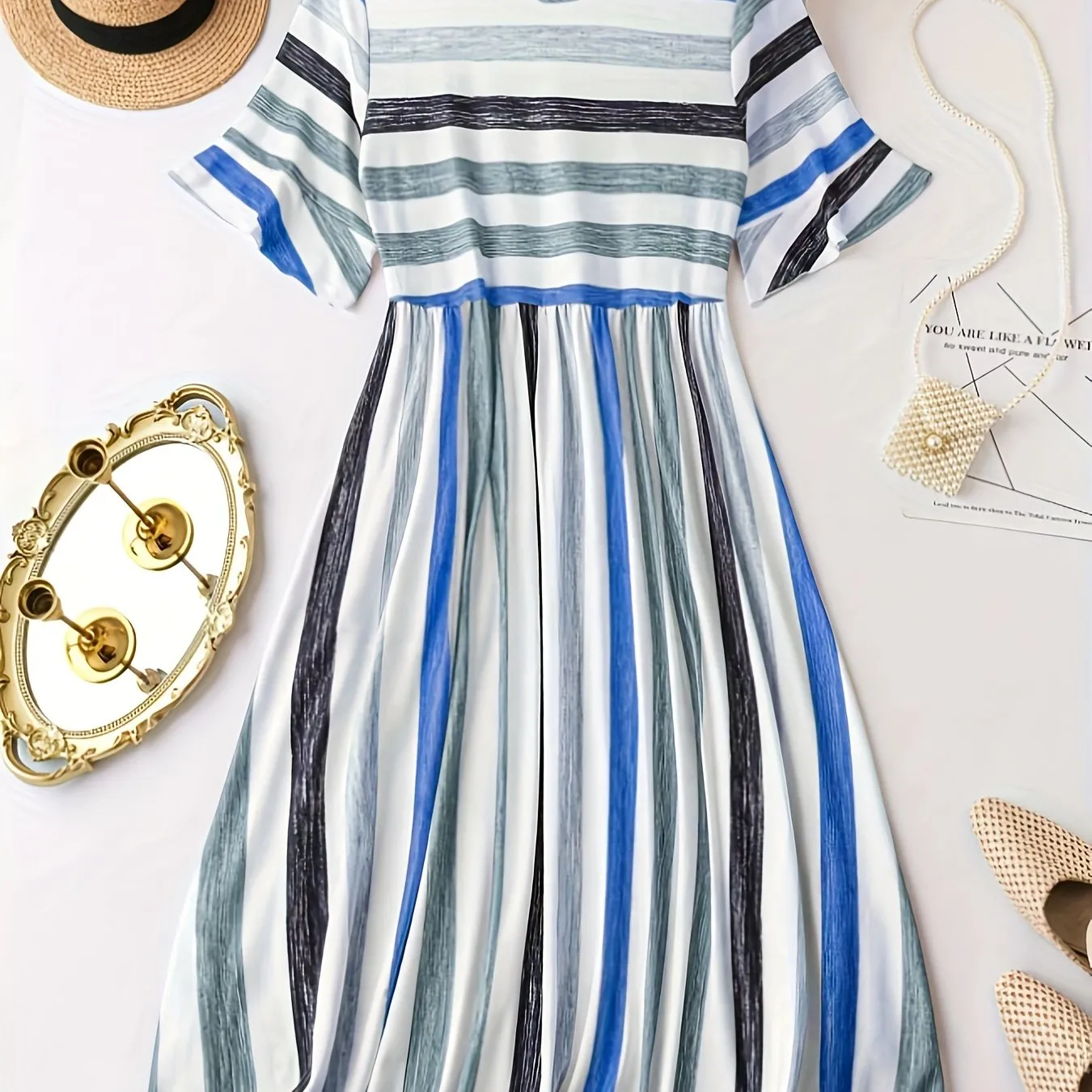 Plus Size Stripe Print Dress - Flattering Cinched Waist, Short Sleeves - Perfect for Spring & Summer, Trendy Womens Plus Size Clothing