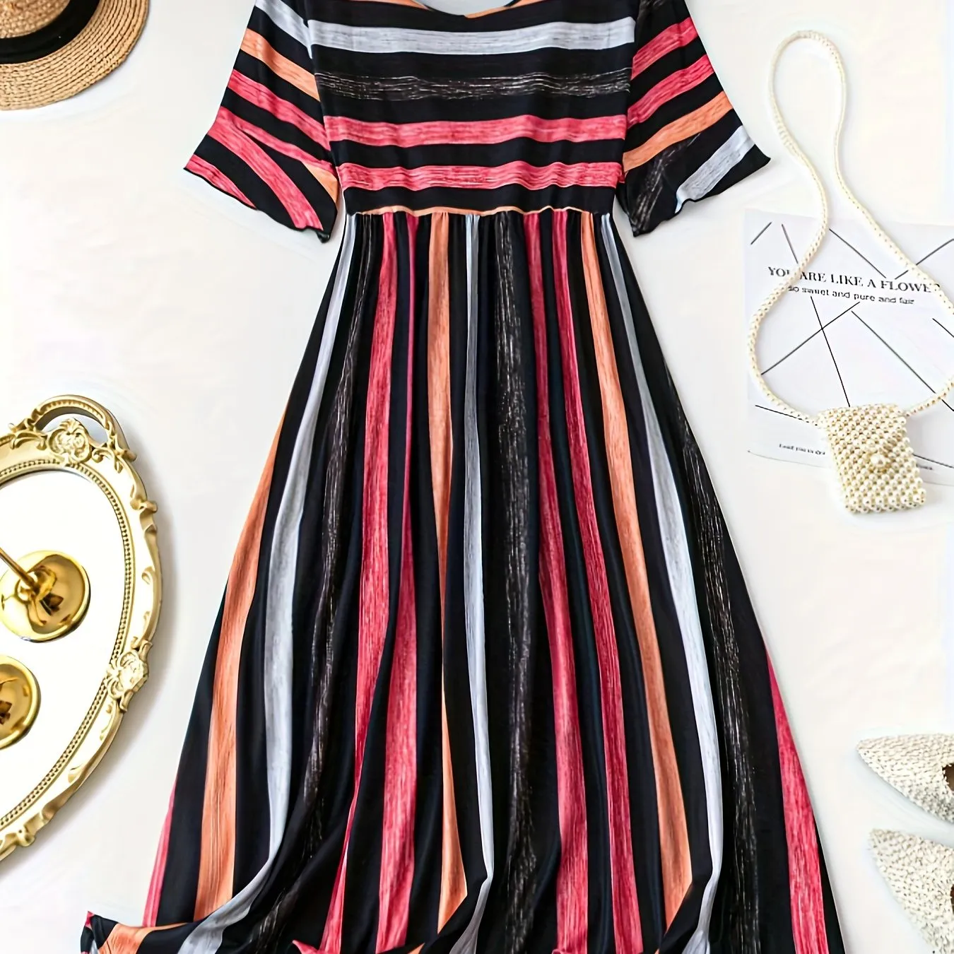 Plus Size Stripe Print Dress - Flattering Cinched Waist, Short Sleeves - Perfect for Spring & Summer, Trendy Womens Plus Size Clothing