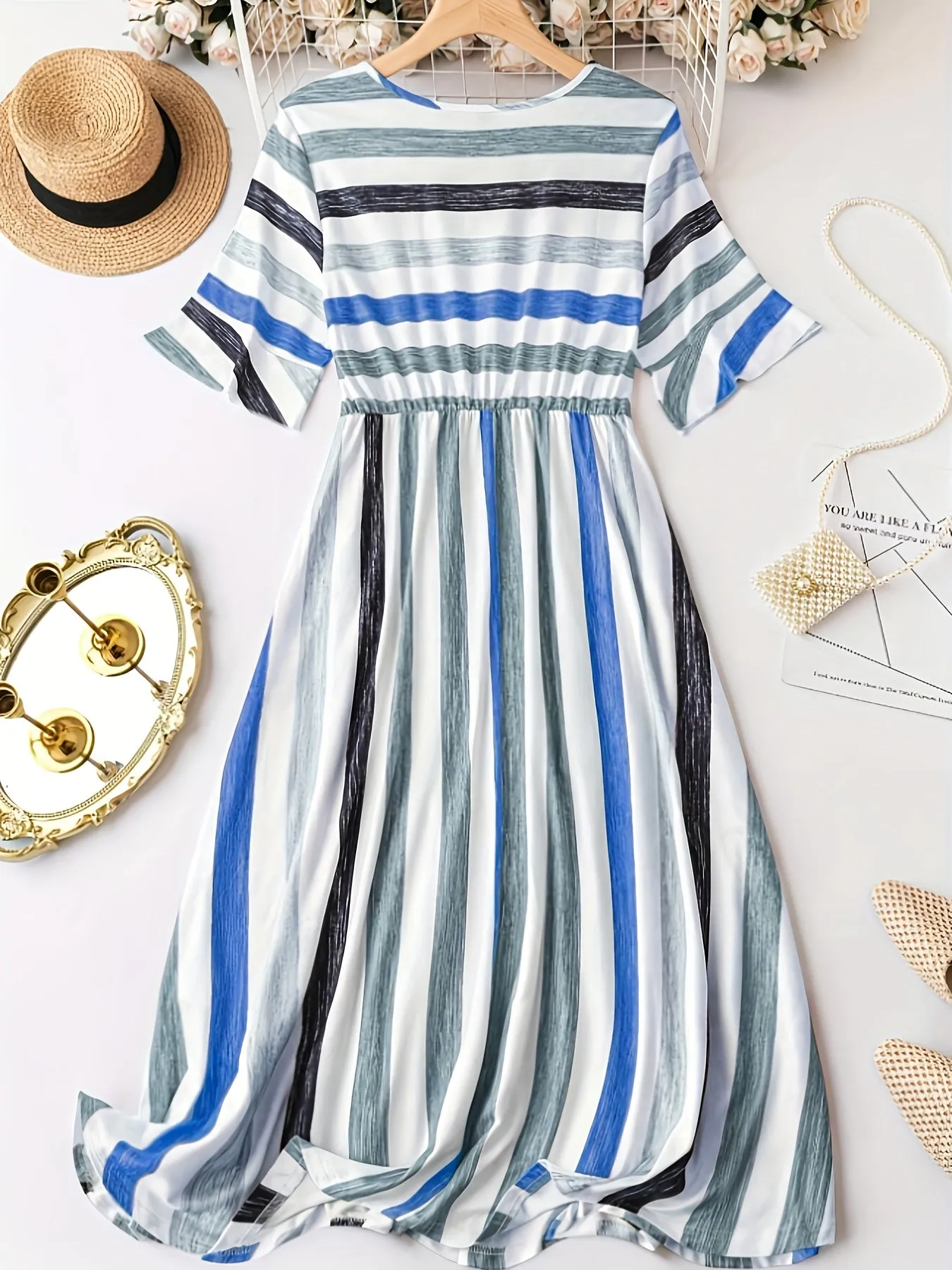 Plus Size Stripe Print Dress - Flattering Cinched Waist, Short Sleeves - Perfect for Spring & Summer, Trendy Womens Plus Size Clothing