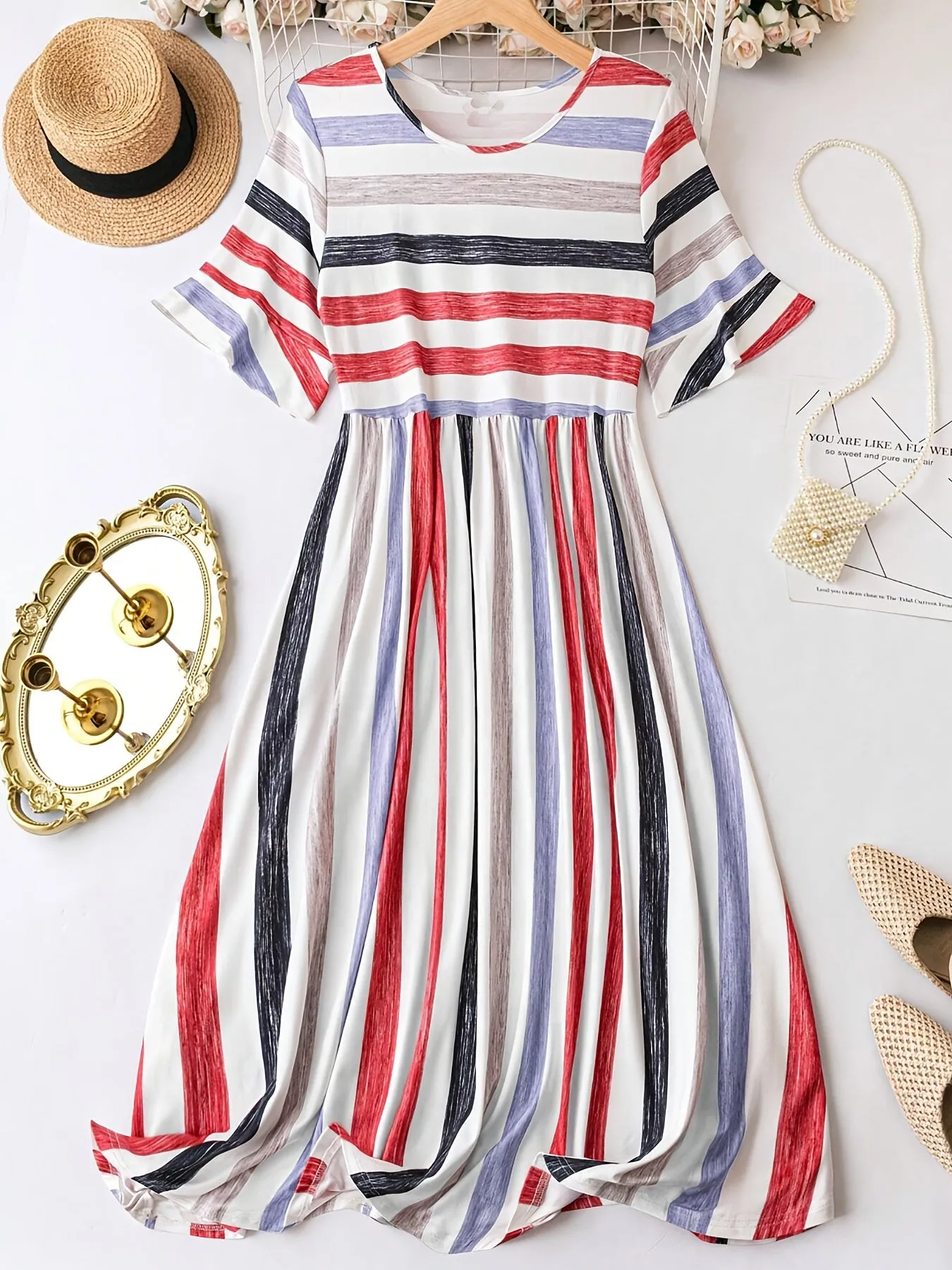 Plus Size Stripe Print Dress - Flattering Cinched Waist, Short Sleeves - Perfect for Spring & Summer, Trendy Womens Plus Size Clothing