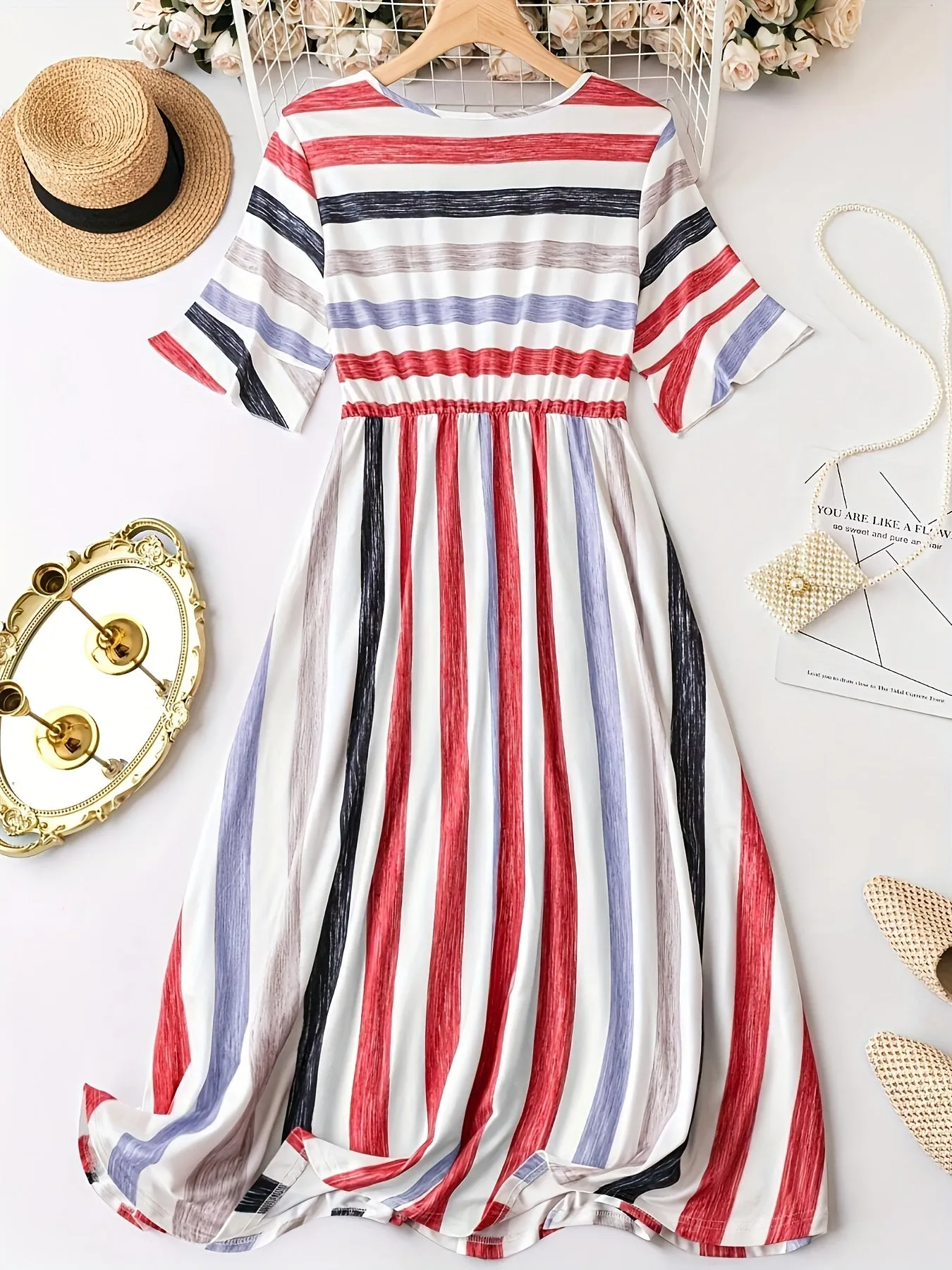Plus Size Stripe Print Dress - Flattering Cinched Waist, Short Sleeves - Perfect for Spring & Summer, Trendy Womens Plus Size Clothing