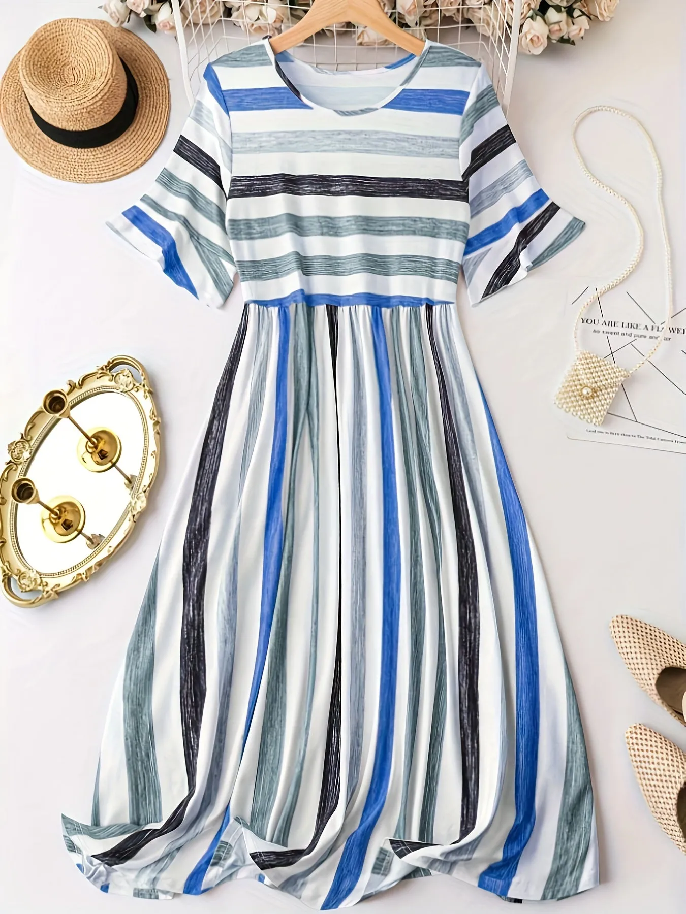 Plus Size Stripe Print Dress - Flattering Cinched Waist, Short Sleeves - Perfect for Spring & Summer, Trendy Womens Plus Size Clothing