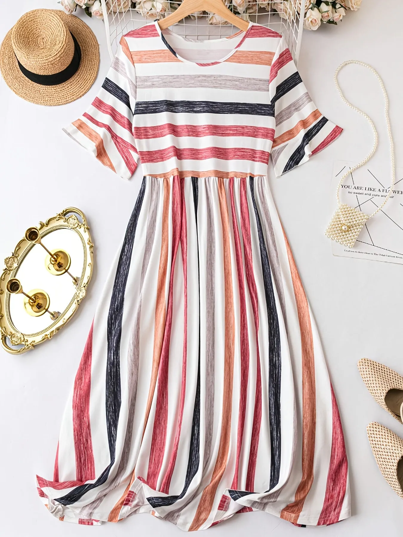 Plus Size Stripe Print Dress - Flattering Cinched Waist, Short Sleeves - Perfect for Spring & Summer, Trendy Womens Plus Size Clothing