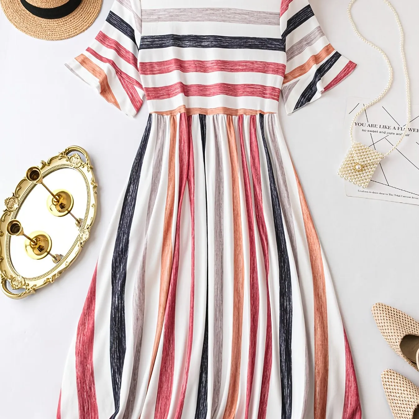 Plus Size Stripe Print Dress - Flattering Cinched Waist, Short Sleeves - Perfect for Spring & Summer, Trendy Womens Plus Size Clothing