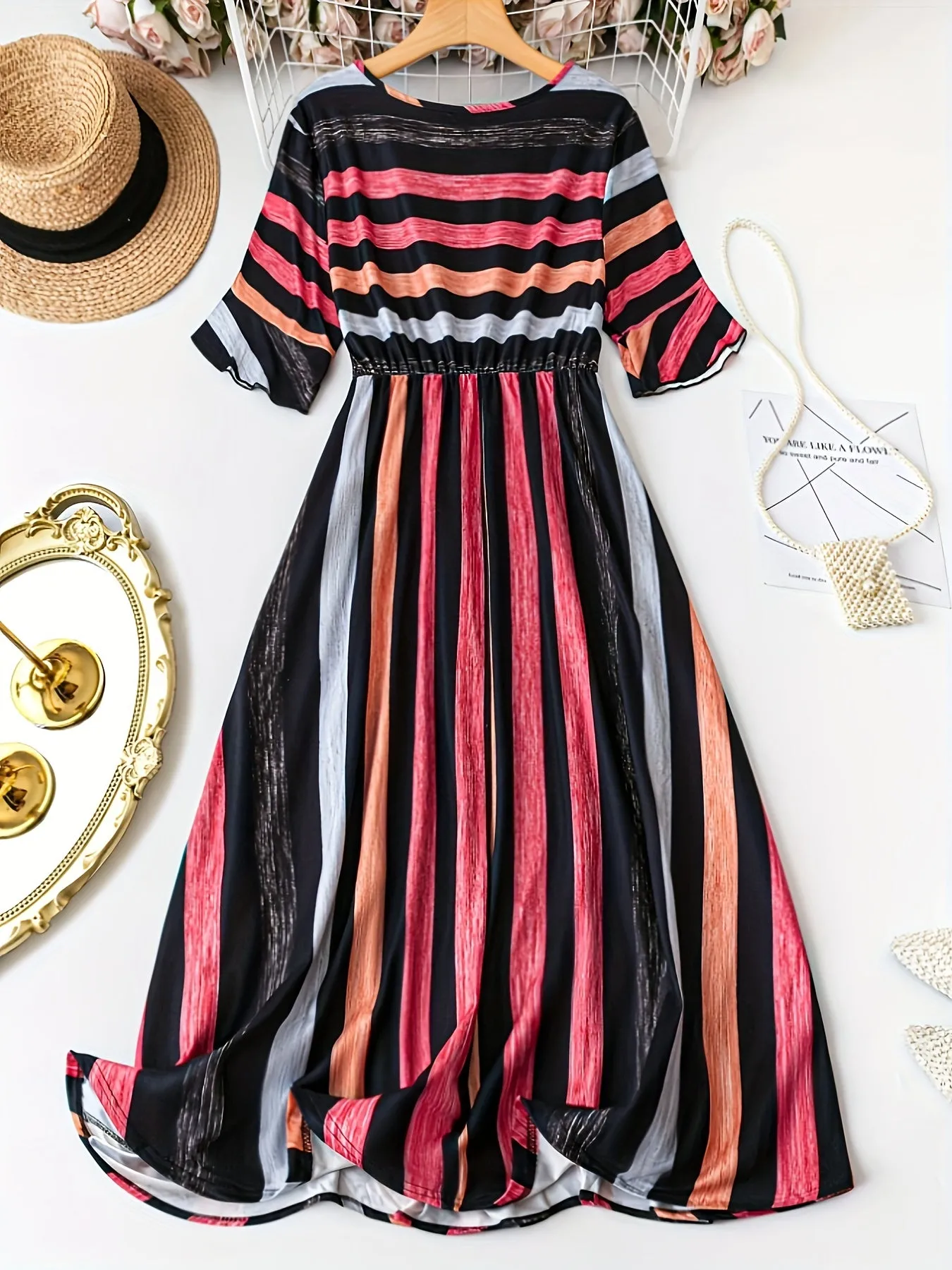 Plus Size Stripe Print Dress - Flattering Cinched Waist, Short Sleeves - Perfect for Spring & Summer, Trendy Womens Plus Size Clothing