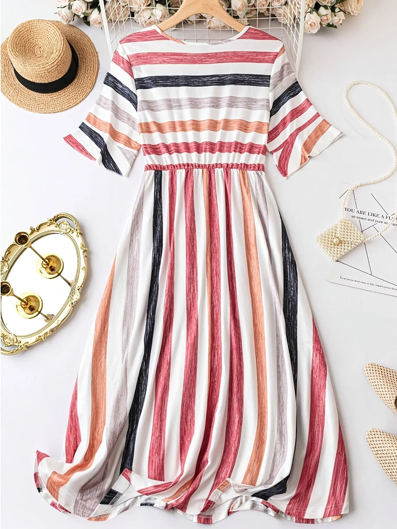 Plus Size Stripe Print Dress - Flattering Cinched Waist, Short Sleeves - Perfect for Spring & Summer, Trendy Womens Plus Size Clothing