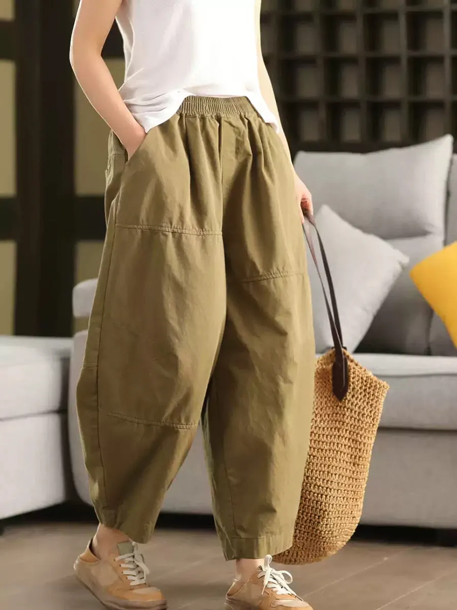 Plus Size Women Spring Casual Pure Color 100%Cotton Harem Pants
