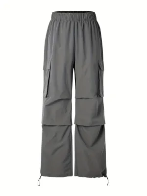 Plus Size Y2K Cargo Pants, Women's Plus Solid Elastic Drawstring Straight Leg Cargo Pants