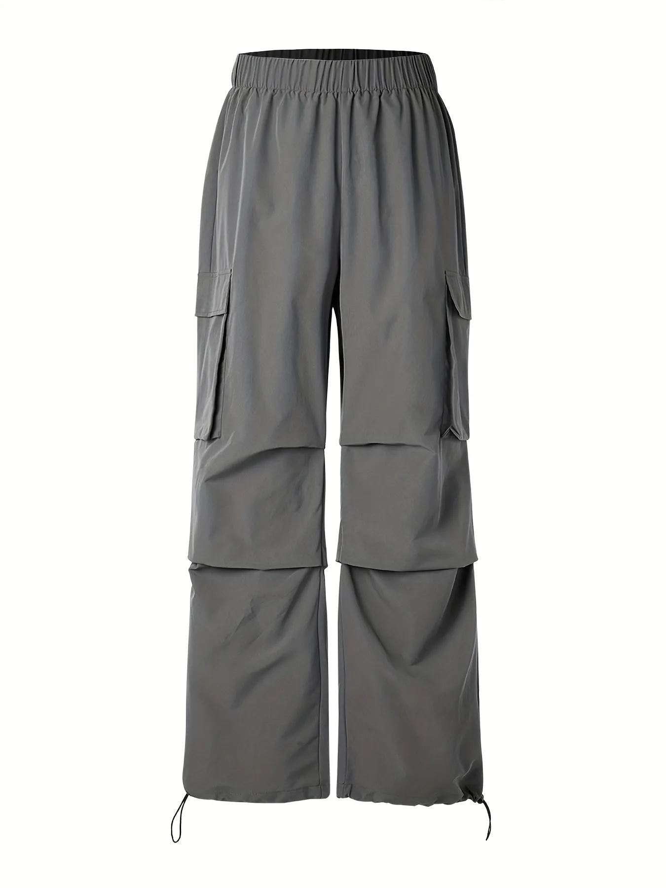 Plus Size Y2K Cargo Pants, Women's Plus Solid Elastic Drawstring Straight Leg Cargo Pants