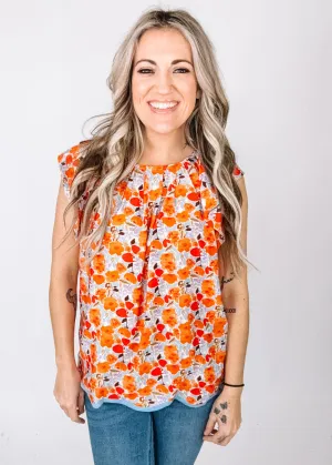 Poppy and Purple Floral Flutter Sleeve Top
