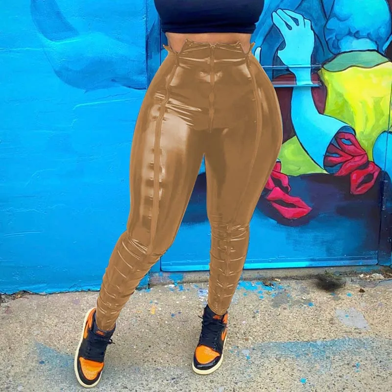 PU Zipper Detailed Skinny Pencil Pants