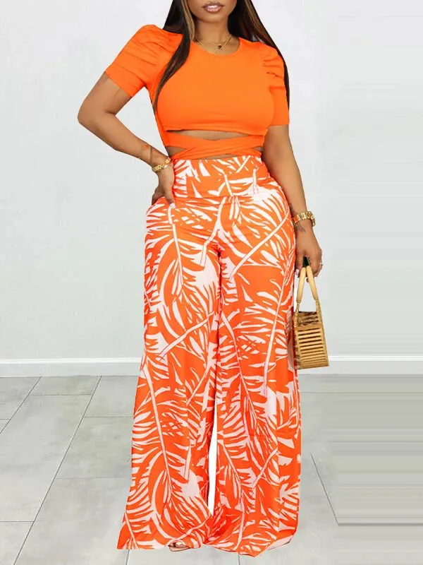 Puff Shoulder T-Shirt & Printed Wide-Leg Pants Set