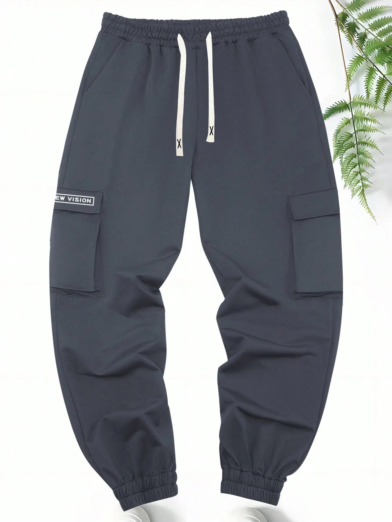 QA Fashionable Men Utility Pants, Casual And Sporty, With Simple Style, Letter Print, Drawstring Elastic Waist, Multiple Pockets, Comfortable, Versatile, Tapered Leg And Sweatpants