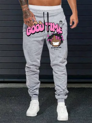 QA Homme Men's Cartoon Character & Letter Printed Drawstring Waist Casual Sweatpants With Pockets