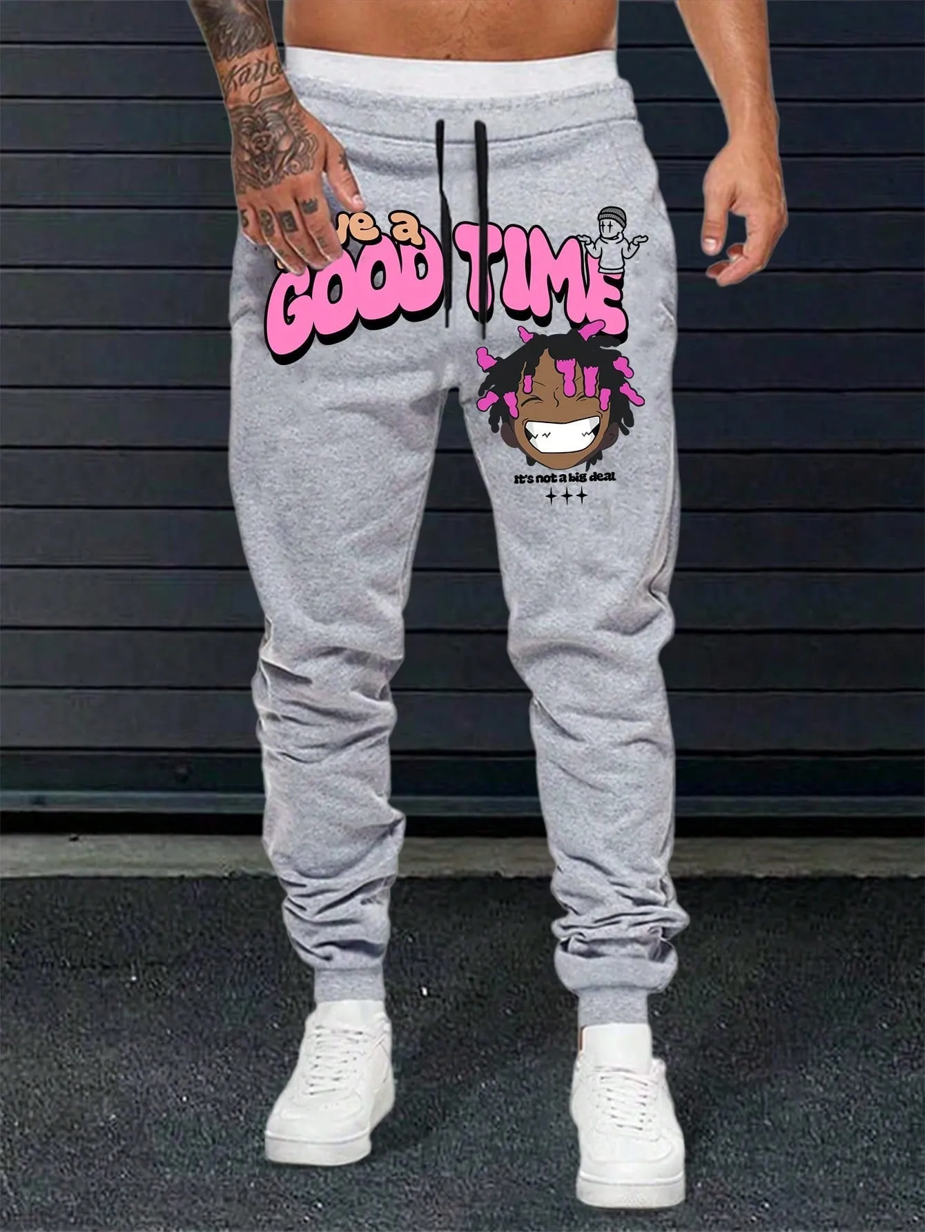 QA Homme Men's Cartoon Character & Letter Printed Drawstring Waist Casual Sweatpants With Pockets