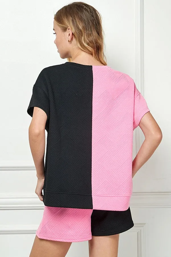 Raelynn Textured Short Sleeve Top in Bubblegum and Black
