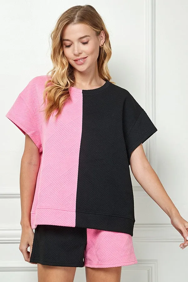 Raelynn Textured Short Sleeve Top in Bubblegum and Black
