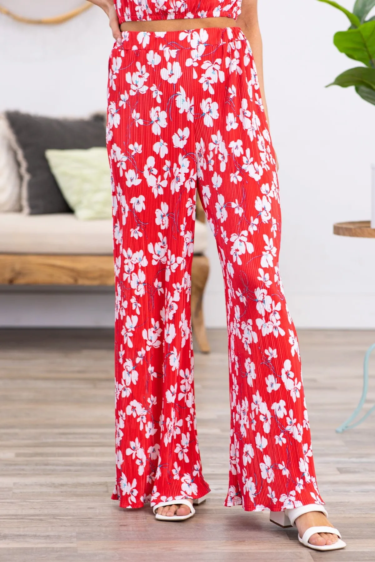 Red Crystal Pleat Floral Print Wide Leg Pants