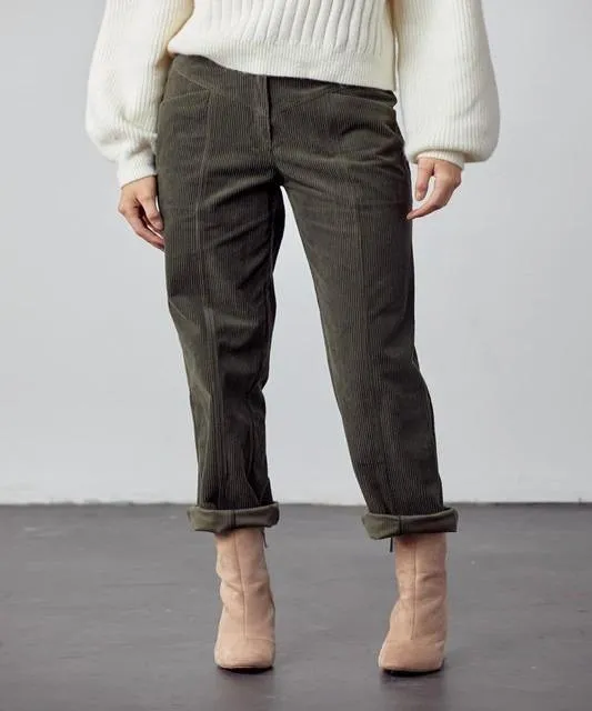Retro Straight Olive Corduroy High-Rise Pants