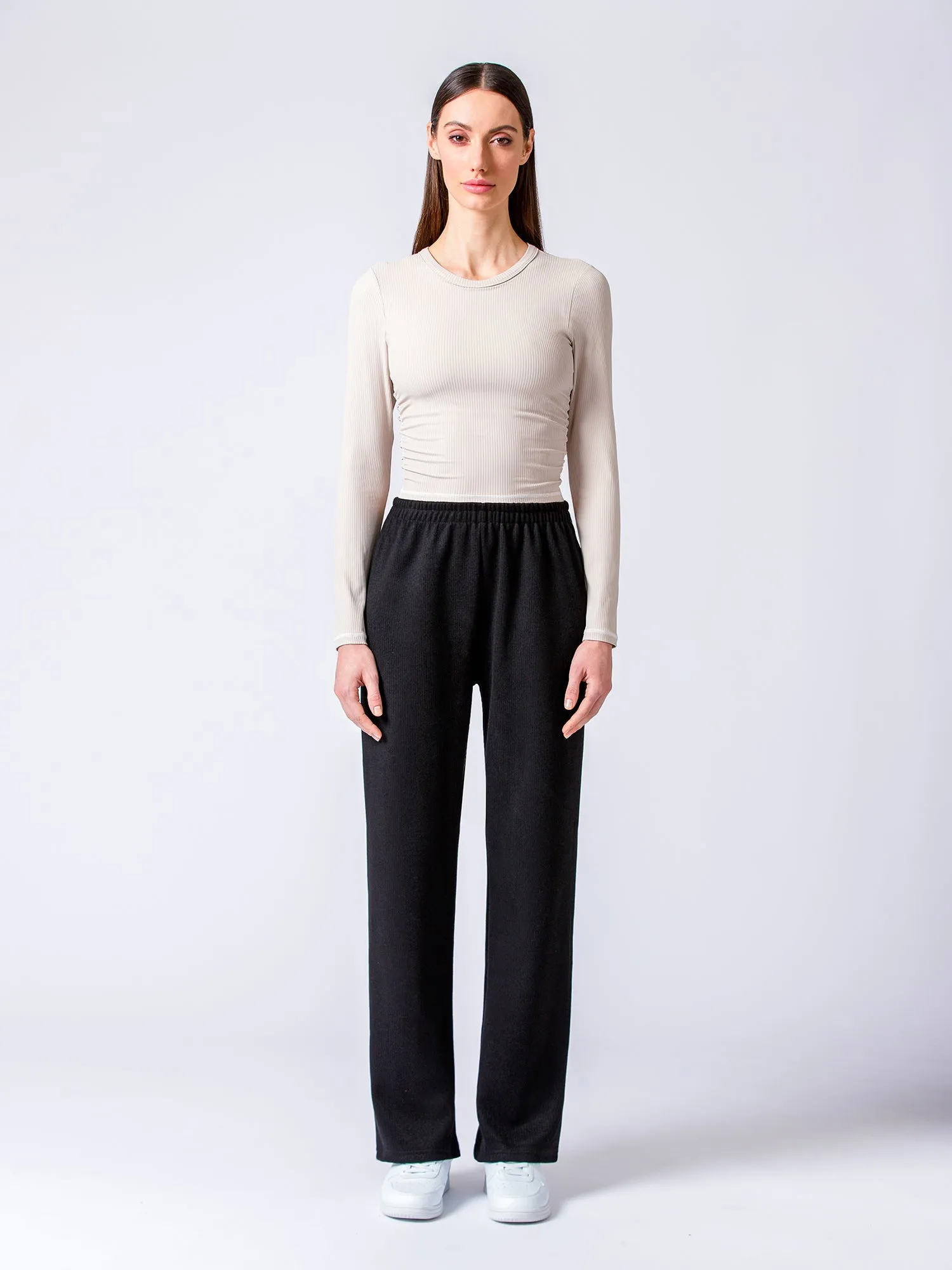 RIBBED HIGH WAIST WINTER FLEECE WIDE LEG SWEATPANTS, BLACK