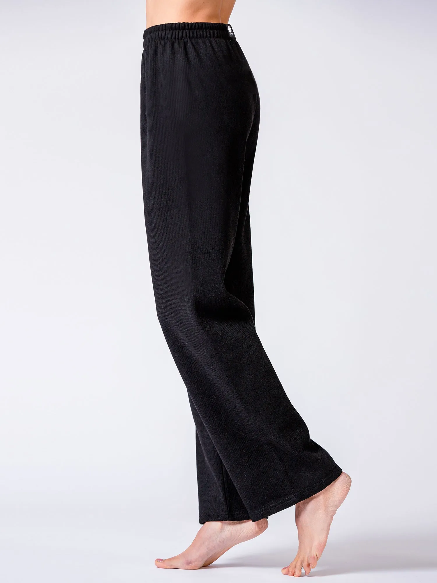 RIBBED HIGH WAIST WINTER FLEECE WIDE LEG SWEATPANTS, BLACK
