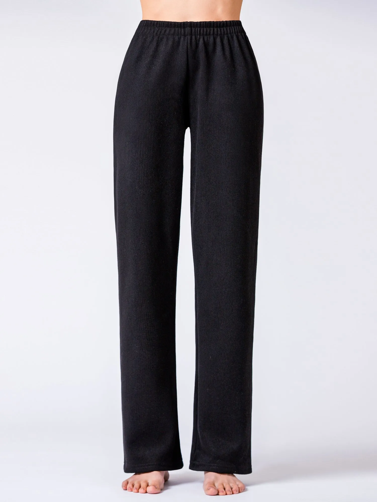 RIBBED HIGH WAIST WINTER FLEECE WIDE LEG SWEATPANTS, BLACK
