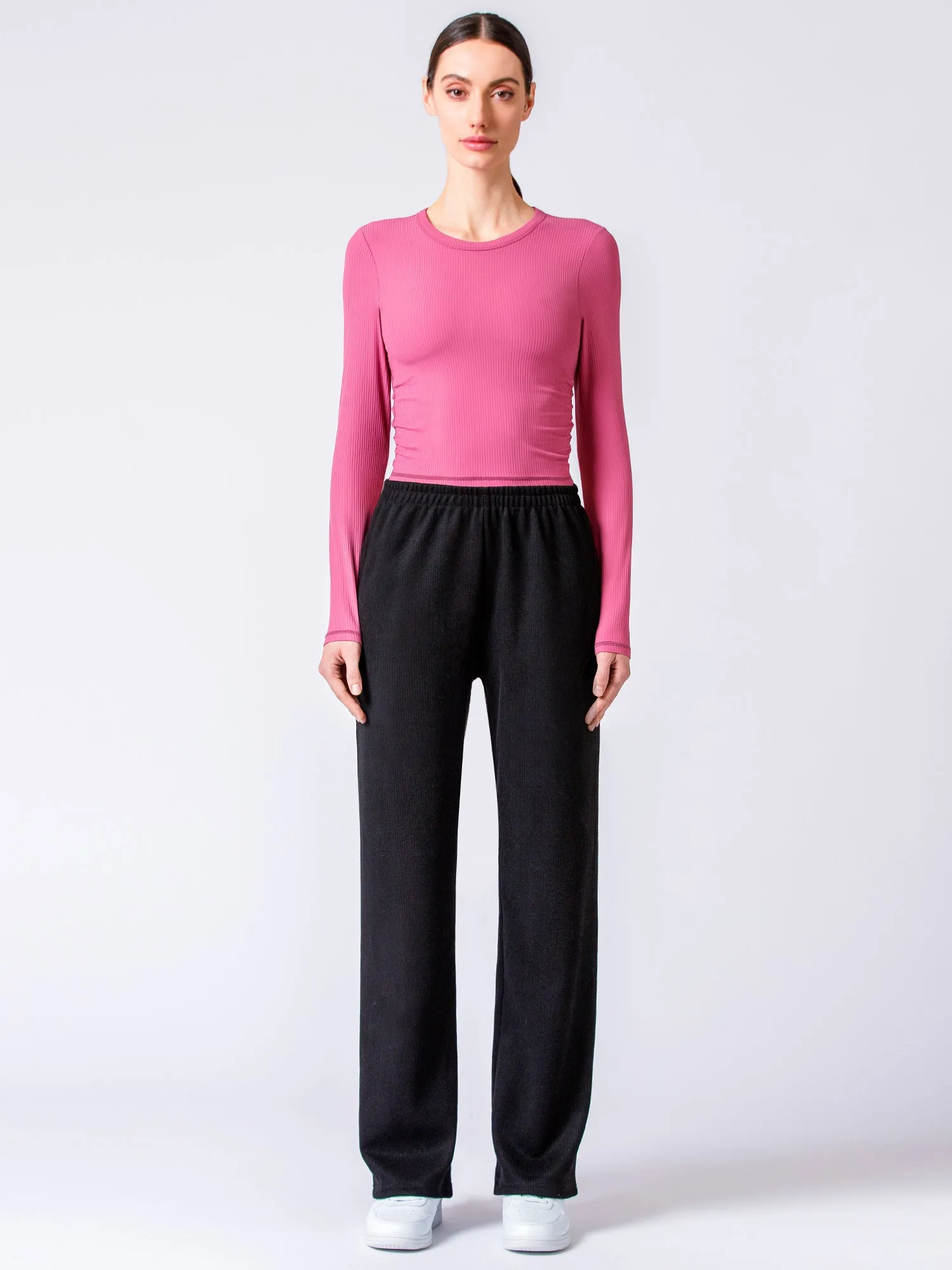 RIBBED HIGH WAIST WINTER FLEECE WIDE LEG SWEATPANTS, BLACK
