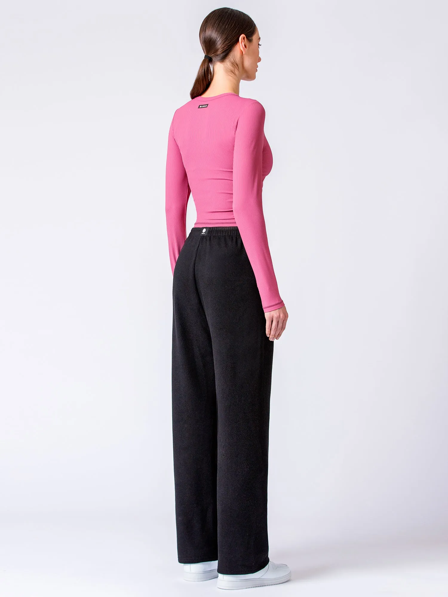 RIBBED HIGH WAIST WINTER FLEECE WIDE LEG SWEATPANTS, BLACK