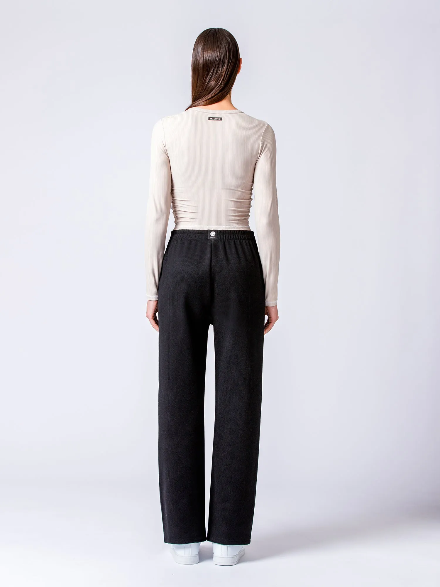 RIBBED HIGH WAIST WINTER FLEECE WIDE LEG SWEATPANTS, BLACK