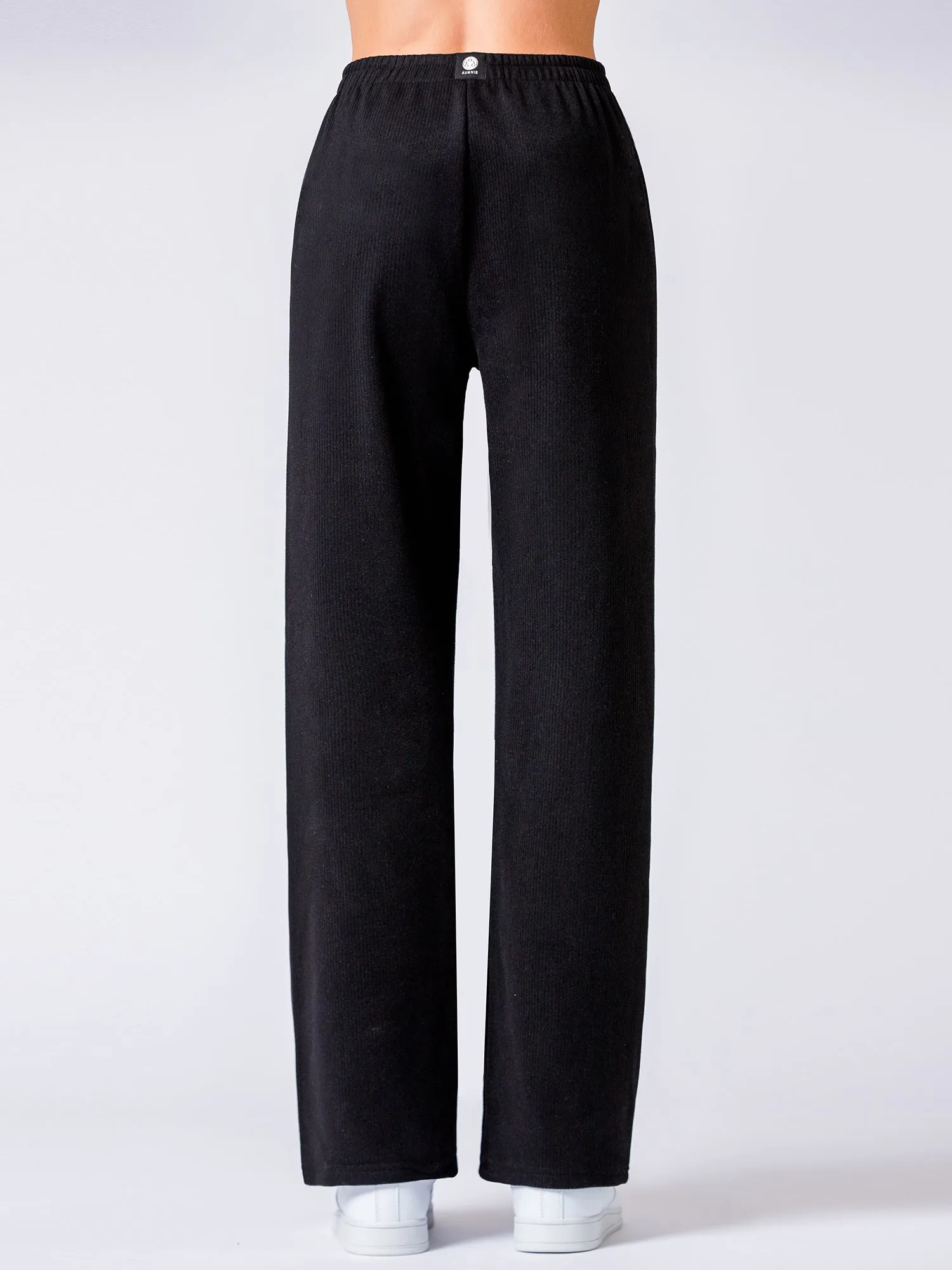 RIBBED HIGH WAIST WINTER FLEECE WIDE LEG SWEATPANTS, BLACK